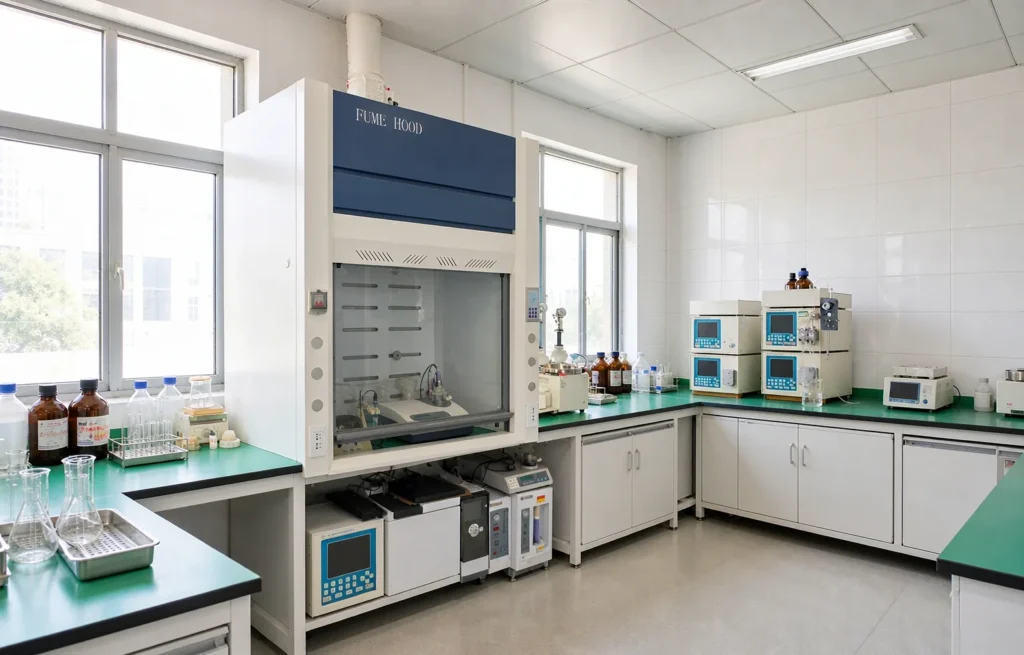 Quality control laboratory bench with analytical instruments
