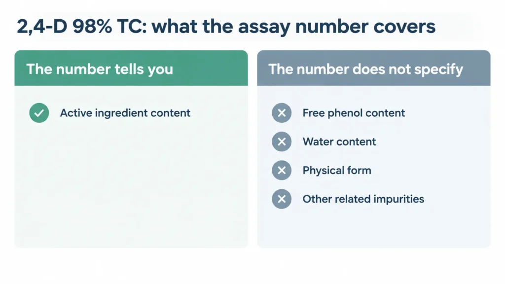 2,4-D 98% TC: what the assay number covers — one item known, four left open