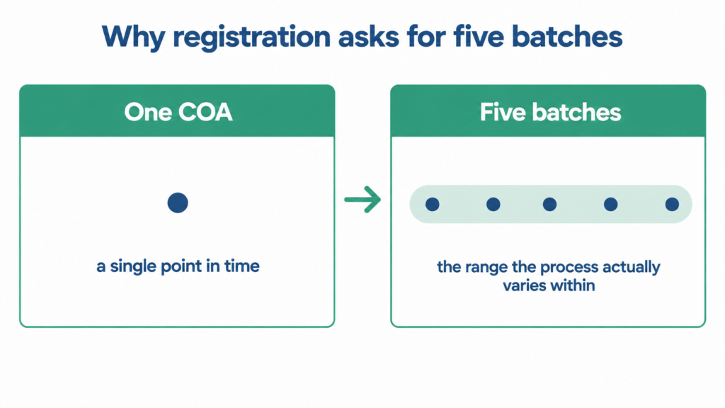 Why registration asks for five batches — a single point versus the actual range
